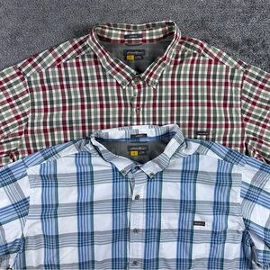 Eddie Bauer Travex Red and Green Plaid & Blue and White Checkered Shirts Bundle